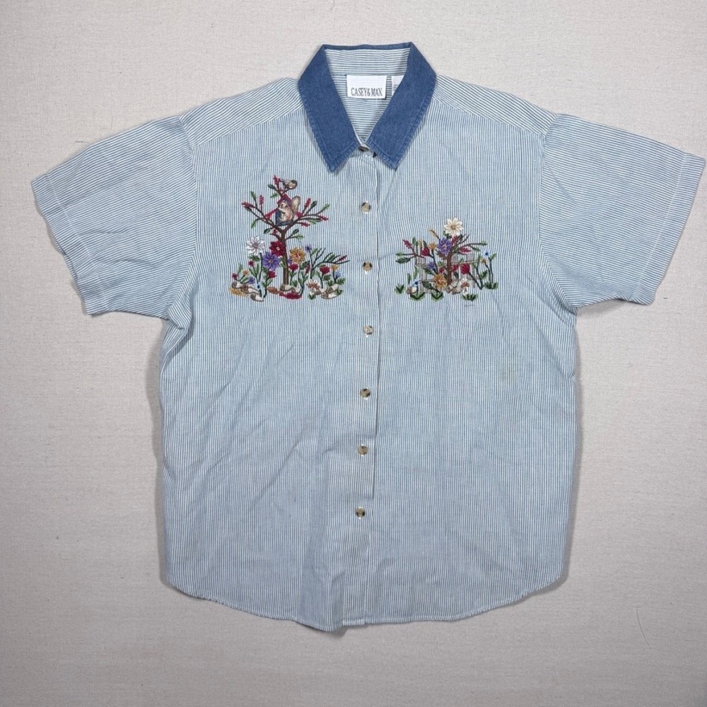 Casey & Max Embroidered Striped Shirt XL Blue Cottagecore Denim Collar Vintage - Picture 4 of 7